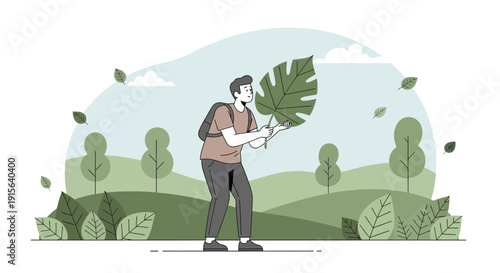 Young Man Examining A Large Leaf In A Serene Natural Landscape With Flying Leaves