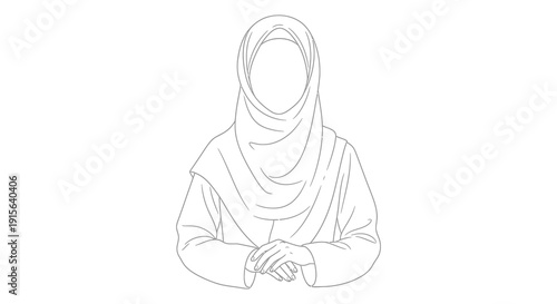 A black and white line drawing depicts a woman wearing a traditional hijab headscarf her hands clasped gently in front of her