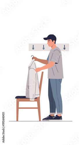 Young Man Hanging Up His Jacket After Coming Inside