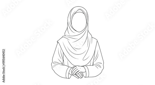 A black and white line drawing depicts a woman wearing a hijab and a long sleeved garment with hands clasped in front of her