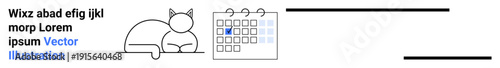 Scheduling, pet care, appointment planning, organization, productivity, marking dates. Line art a cat beside a marked calendar date. Scheduling and pet care concept