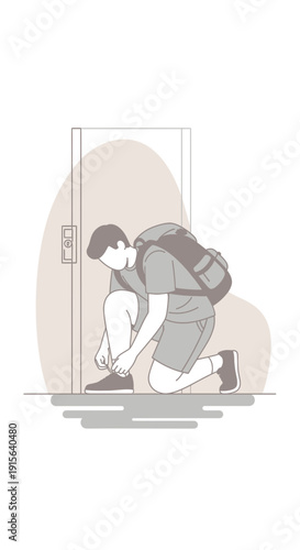 Young Man Kneeling To Tie Shoelaces With Backpack Ready For Adventure