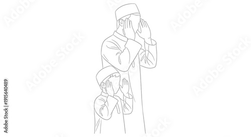 A black and white line drawing depicts a man and a child praying with their hands clasped together in a gesture of devotion
