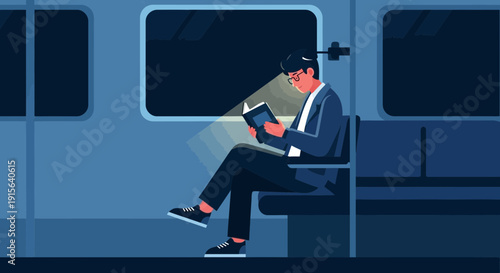 Young Man Reads Book Inside Train Compartment During Night