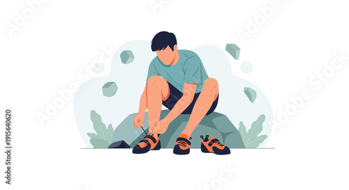 Young Man Prepares For Outdoor Adventure Tying Climbing Shoes On Rocky Outcrop