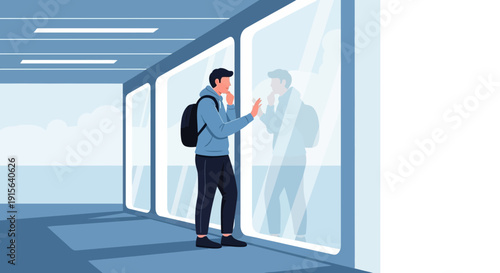 Young Man Reflects In Modern Window Display With Backpack