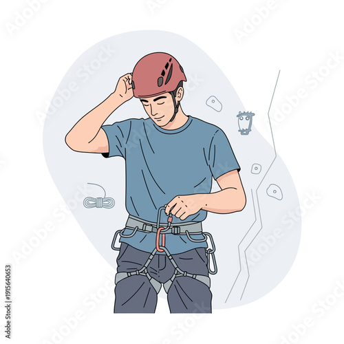 Young Man Secures Climbing Harness Before Ascending Rock Wall