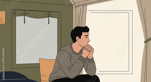 Young Man Reflecting Deeply While Gazing Out Of A Window Indoors