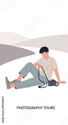 Young Man Relaxing With Camera Ready for Scenic Photography Adventure