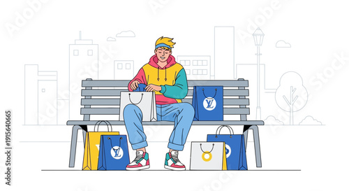 Young Man Sitting On A Bench Surrounded By Shopping Bags