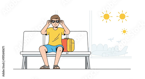 Young Man Sitting At Airport Waiting For Flight With Suitcase And Sunglasses