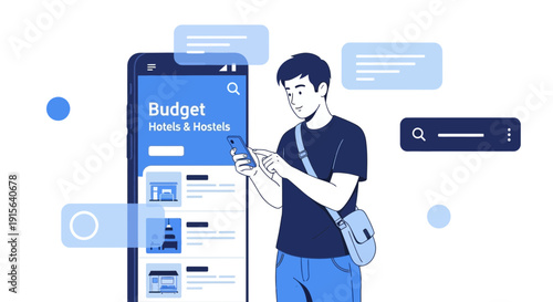 Young Man Searching Budget Accommodations On Smartphone Travel App