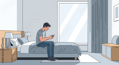 Young Man Sitting On Bed Using Smartphone In A Modern Bedroom