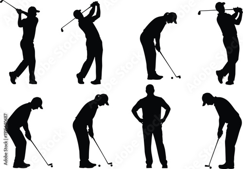 Golf player silhouette set showing swing putting stance poses, professional golfer action, black vector illustration, isolated on white background, collection