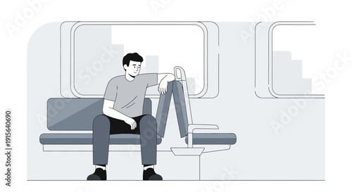 Young Man Sitting Thoughtfully Inside Modern Train Carriage Interior