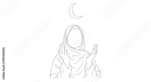 A black and white line drawing depicts a woman wearing a hijab praying with her hands raised towards a crescent moon in the