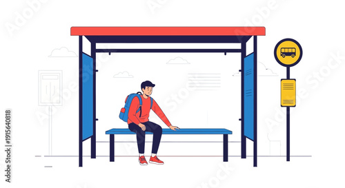 Young Man Waiting Patiently At A Modern Bus Stop On A Clear Day