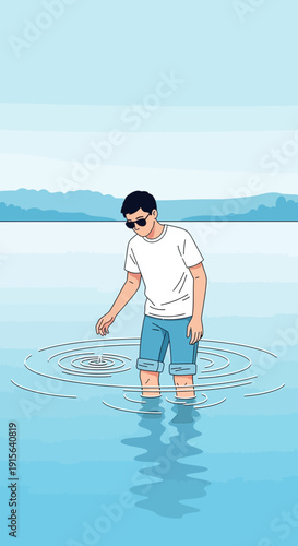 Young Man Wading In Calm Water Ripples Create Serene Outdoor Scene