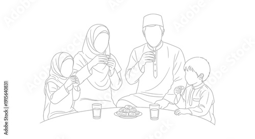 A black and white line drawing depicts a muslim family of four seated around a table sharing food and drinks during a meal