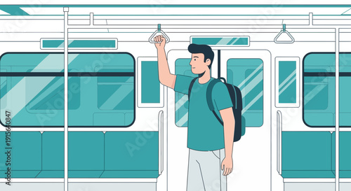 Young Man With Backpack Rides Public Transport Holding Onto Handle