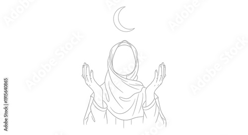 A black and white line drawing depicts a woman in a hijab praying with hands raised towards a crescent moon above her head