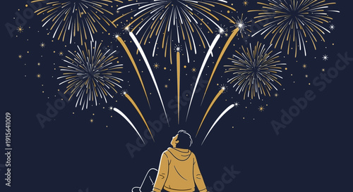 Young Person Gazing Up At Majestic Fireworks Display In The Night Sky