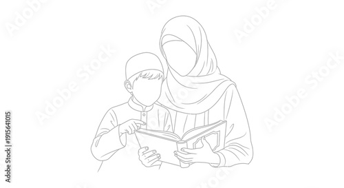 A black and white line drawing depicts a mother and child both wearing traditional islamic headwear reading from an open book together