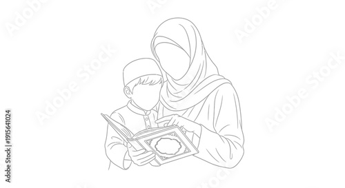 A monochrome line drawing depicts a woman wearing a hijab reading to a young boy who is also wearing a cap and holding