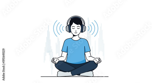 Young Person Meditating With Headphones Enjoying Serene Soundwaves