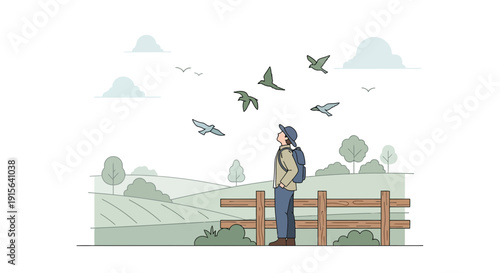 Young Person Observing Nature And Birds While Standing On A Hill