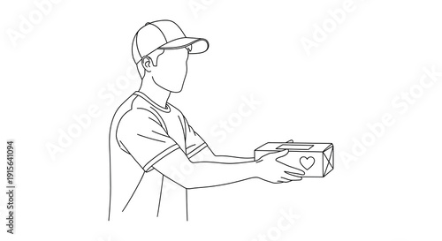 A black and white line drawing depicts a delivery person wearing a cap and shirt extending a package to a recipient