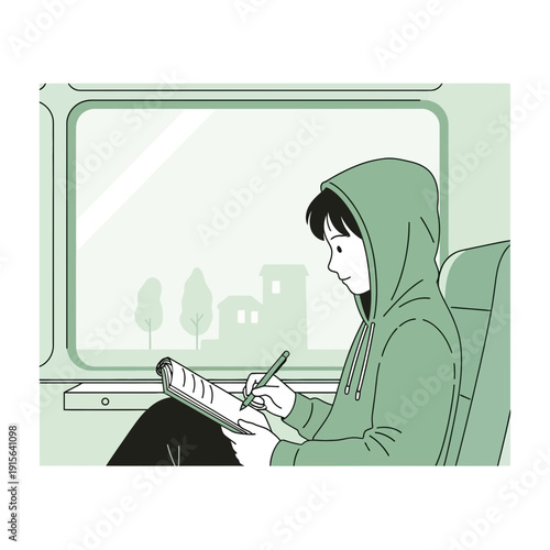 Young Person Sketching Journaling On A Train Journey Observing Scenery