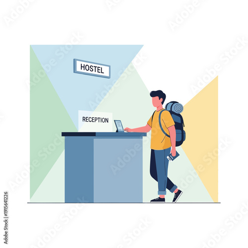Young Traveler Arriving At Hostel Reception Desk For Check-In Services
