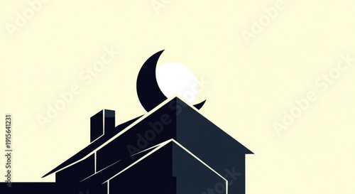 Minimalist dark house silhouette with crescent moon and bright sun icon representing night and day cycle flat vector art for concepts