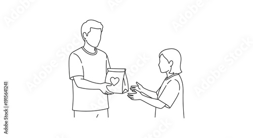 A black and white line drawing depicts a man handing a paper bag with a heart design to a woman in a charitable