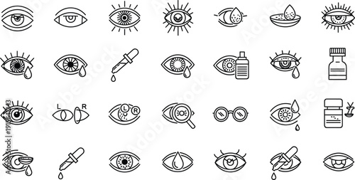 Vector illustration set of 28 eye care icons including vision testing, eye drops, contact lenses, and ophthalmology symbols।