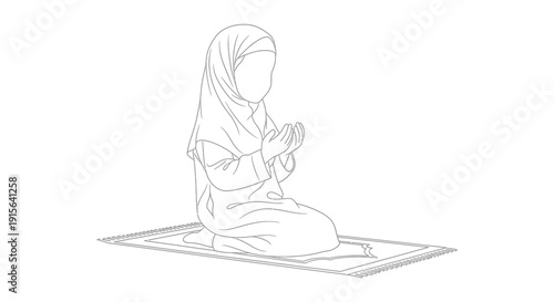 A black and white line drawing depicts a woman in a hijab kneeling on a prayer rug with hands clasped in prayerful posture