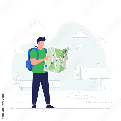 Young Traveler Navigates Destination with Detailed Map Ready for Adventure