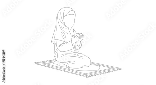 A black and white line drawing depicts a young muslim girl in a hijab kneeling on a prayer rug hands clasped in prayer