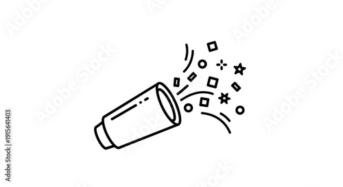 Confetti popper icon simple line art illustration of a party popper exploding with confetti and stars isolated on white background for celebration design