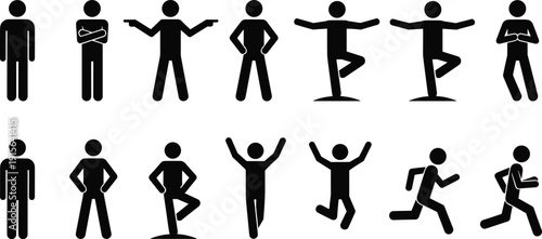 Human silhouette vector icons, black figure poses, body language illustrations, standing, running, jumping, pointing, fitness, communication, activity design artwork
