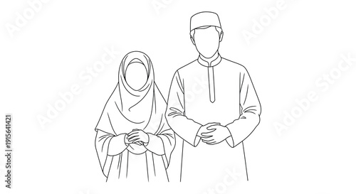 A black and white line drawing depicts a muslim couple a man and woman wearing traditional islamic clothing standing together facing forward