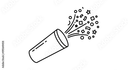 Confetti popper exploding with colorful confetti and stars simple line art illustration for celebration and party events isolated on white background
