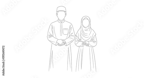 Black and white line drawing depicts a muslim couple standing together both wearing traditional islamic clothing with folded arms and calm expressions