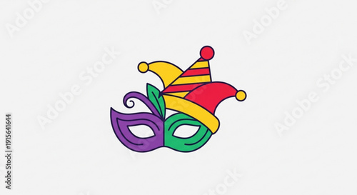 Mardi Gras mask and jester hat colorful flat vector illustration for carnival celebration isolated on white background