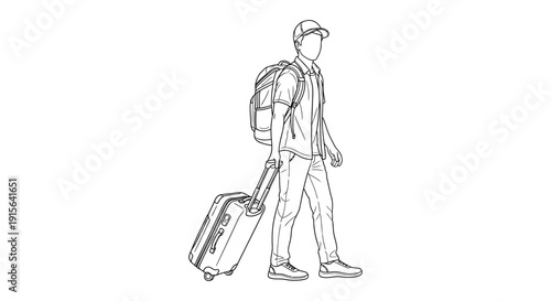 A black and white line drawing depicts a man walking with a suitcase and backpack appearing to be traveling or commuting