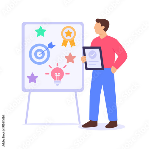 Recognition Evaluation, assessing rewards and acknowledgment effectiveness, Flat vector character illustration