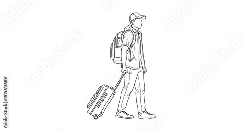 A black and white sketch depicts a man walking with a backpack and rolling suitcase suggesting travel or commuting