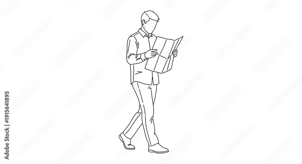custom made wallpaper toronto digitalA black and white line drawing depicts a man standing and intently reading a book or document while looking downwards in concentration