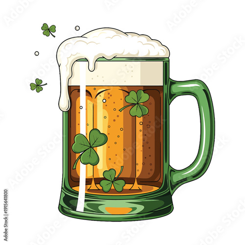 Green beer mug with frothy foam and shamrocks, festive St. Patrick’s Day celebration illustration